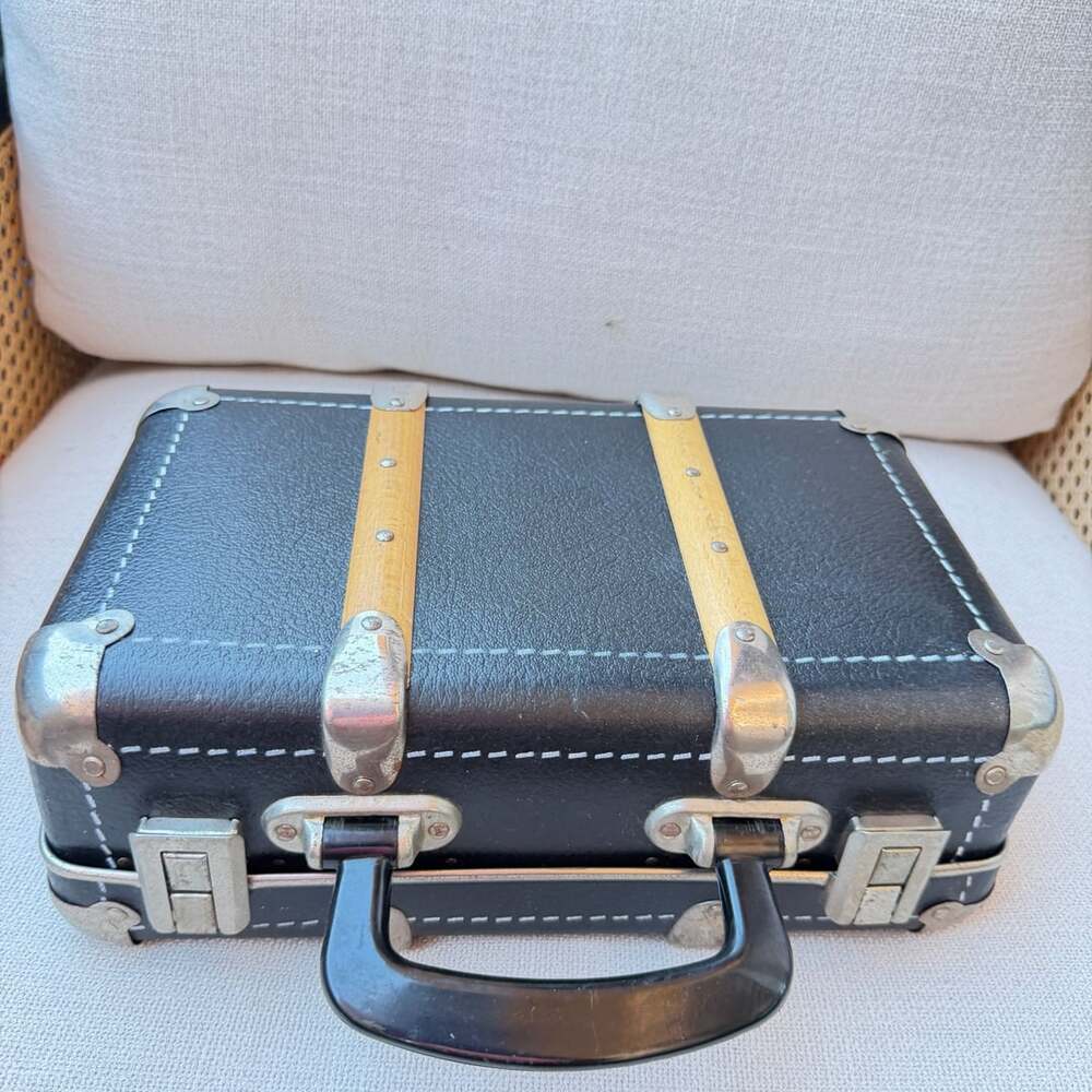 Vintage Small Black Train Case Suitcase Wood Slats Metal Corners Retro Luggage